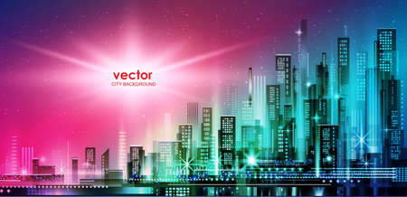 Night city illustration with neon glow and vivid colors. illustration with architecture, skyscrapers, megapolis, buildings, downtown.のイラスト素材