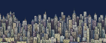 City skyline. Hand drawn Illustration with architecture, skyscrapers, megapolis buildings downtownの写真素材