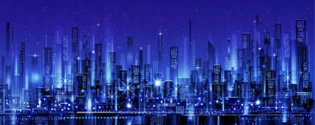 Night city skyline with neon glow. Illustration with architecture, skyscrapers, megapolis, buildings, downtown.のイラスト素材