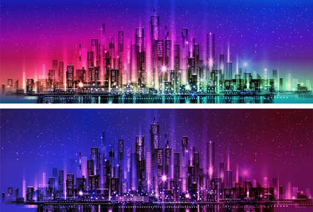 Night city illustration with neon glow and vivid colors. illustration with architecture, skyscrapers, megapolis, buildings, downtown.のイラスト素材