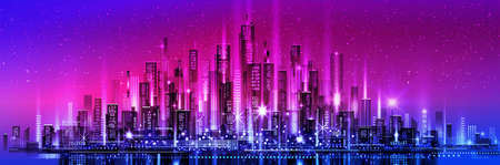 Night city skyline with neon glow. Illustration with architecture, skyscrapers, megapolis, buildings, downtown.のイラスト素材