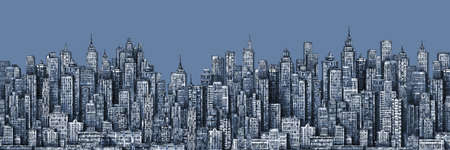 City skyline. Hand drawn Illustration with architecture, skyscrapers, megapolis buildings downtownの写真素材