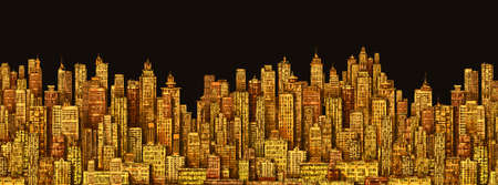 City skyline. Hand drawn Illustration with architecture, skyscrapers, megapolis buildings downtownの写真素材