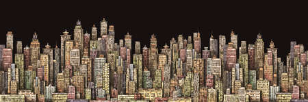 City skyline. Hand drawn Illustration with architecture, skyscrapers, megapolis buildings downtownの写真素材