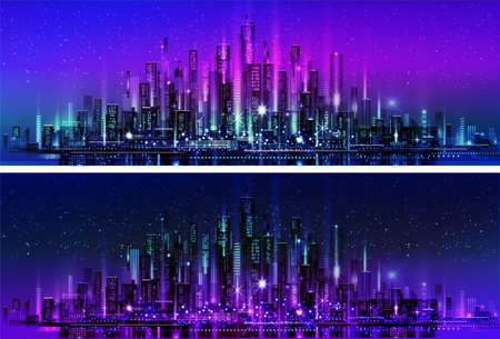 Night city illustration with neon glow and vivid colors. illustration with architecture, skyscrapers, megapolis, buildings, downtown.のイラスト素材