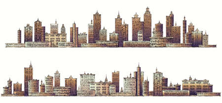Modern City skyline, highly detailed hand drawn illustration with architecture, skyscrapers, megapolis buildings downtownの写真素材
