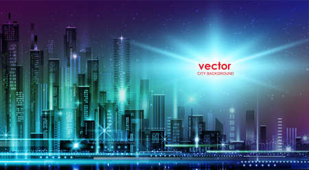 Night city illustration with neon glow and vivid colors. illustration with architecture, skyscrapers, megapolis, buildings, downtown.のイラスト素材