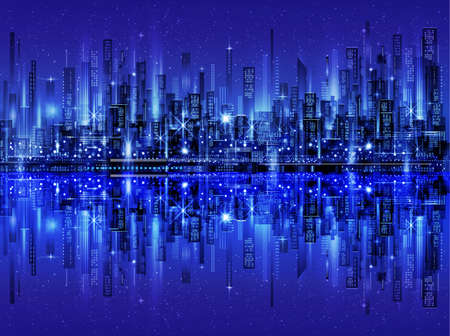 Night city skyline with neon glow. Illustration with architecture, skyscrapers, megapolis, buildings, downtown.の写真素材