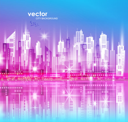 Modern City skyline with reflection in water. Illustration with architecture, skyscrapers, megapolis, buildings, downtown.のイラスト素材