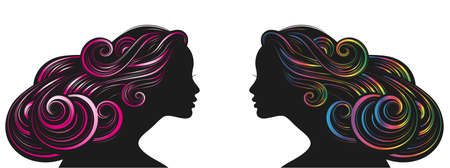 Beautiful girl with long thick wavy hair. Beauty salon icon. Vector illustrationのイラスト素材