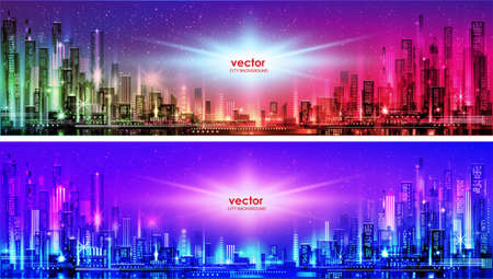 Night city illustration with neon glow and vivid colors. illustration with architecture, skyscrapers, megapolis, buildings, downtown.のイラスト素材