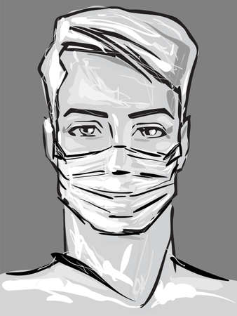 Man in medical face protection mask. handsome man with medical face mask. Vector illustration.のイラスト素材