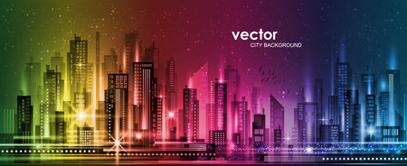 Urban vector cityscape at night. Skyline city silhouettes. City background with architecture, skyscrapers, megapolis, buildings, downtown.のイラスト素材