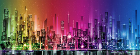 Urban vector cityscape at night. Skyline city silhouettes. City background with architecture, skyscrapers, megapolis, buildings, downtown.のイラスト素材