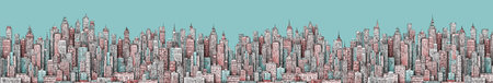 City skyline. Hand drawn Illustration with architecture, skyscrapers, megapolis, buildings downtownの写真素材