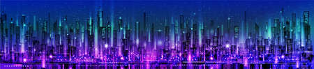 Night city illustration with neon glow and vivid colors. illustration with architecture, skyscrapers, megapolis, buildings, downtown.のイラスト素材