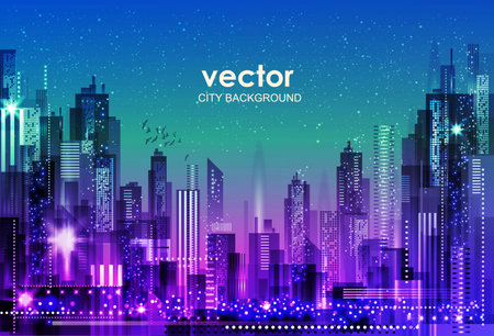 Urban vector cityscape at night. Skyline city silhouettes. City background with architecture, skyscrapers, megapolis, buildings, downtown.のイラスト素材
