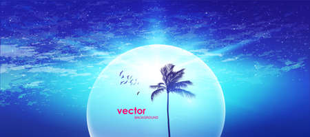Tropical sunrise with silhouette of palm tree and cloudy blue skyのイラスト素材