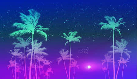 Tropical sunset with silhouette of palm trees n the background of blue skyのイラスト素材