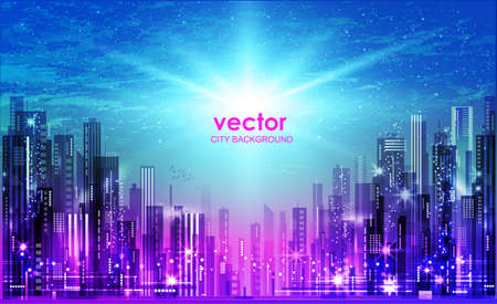 City skyline and sun. Urban cityscape at night.のイラスト素材