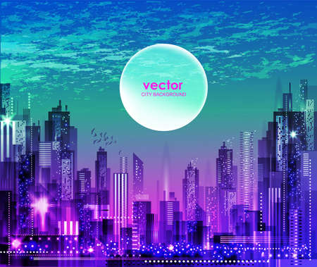 city skyline and sun. Urban cityscape at night.のイラスト素材