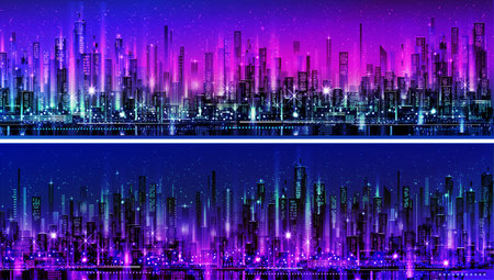 Illuminated town landscape. Urban skyline with downtown skyscrapersの写真素材