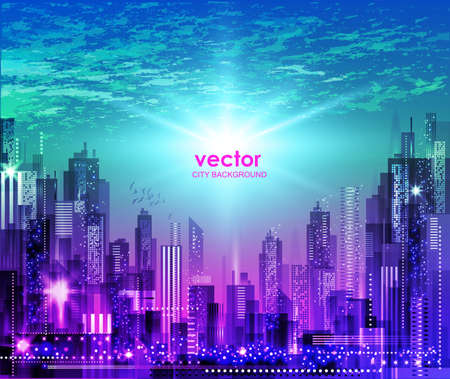 city skyline and sun. Urban cityscape at night.のイラスト素材
