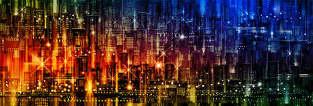 Night city illustration with neon glow and vivid colors. illustration with architecture, skyscrapers, megapolis, buildings, downtown.のイラスト素材