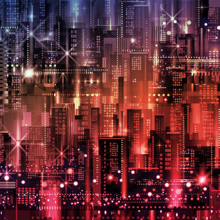 Ilustration of a panorama of a large night city illuminated by neon lights. Modern buildings and skyscrapersのイラスト素材