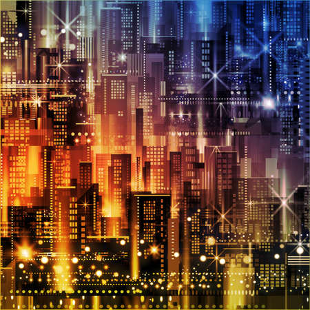 Ilustration of a panorama of a large night city illuminated by neon lights. Modern buildings and skyscrapersのイラスト素材