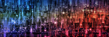 Night city illustration with neon glow and vivid colors. illustration with architecture, skyscrapers, megapolis, buildings, downtown.の写真素材