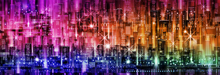 Night city illustration with neon glow and vivid colors. illustration with architecture, skyscrapers, megapolis, buildings, downtown.の写真素材