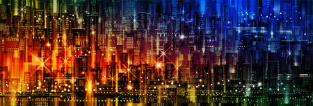 Night city illustration with neon glow and vivid colors. illustration with architecture, skyscrapers, megapolis, buildings, downtown.の写真素材