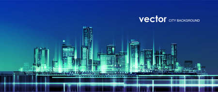 Urban cityscape at night. skyline city silhouettes. City background with architecture, skyscrapers, megapolis, buildings, downtown.のイラスト素材