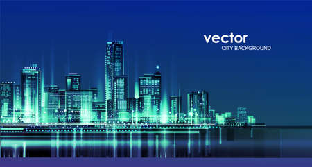 Urban cityscape at night. skyline city silhouettes. City background with architecture, skyscrapers, megapolis, buildings, downtown.のイラスト素材