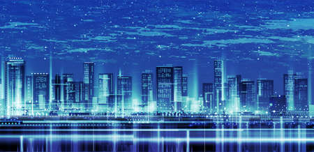Urban cityscape at night. skyline city silhouettes. City background with architecture, skyscrapers, megapolis, buildings, downtown.のイラスト素材