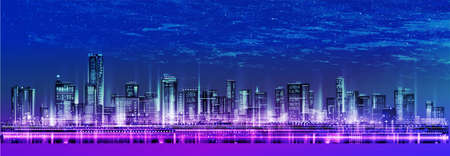 Night city illustration with neon glow and vivid colors. illustration with architecture, skyscrapers, megapolis, buildings, downtown.のイラスト素材