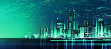 Urban cityscape at night. skyline city silhouettes. City background with architecture, skyscrapers, megapolis, buildings, downtown.のイラスト素材