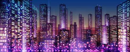 Urban vector cityscape at night. skyline city silhouettes. City background with architecture, skyscrapers, megapolis, buildings, downtown.の写真素材