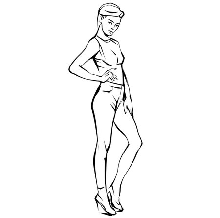 Hand drawn fashion woman posing. fashion lady. sketch. Fashion model posing in dress.のイラスト素材