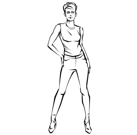 Hand drawn fashion woman posing. fashion lady. sketch. Fashion model posing in dress.のイラスト素材