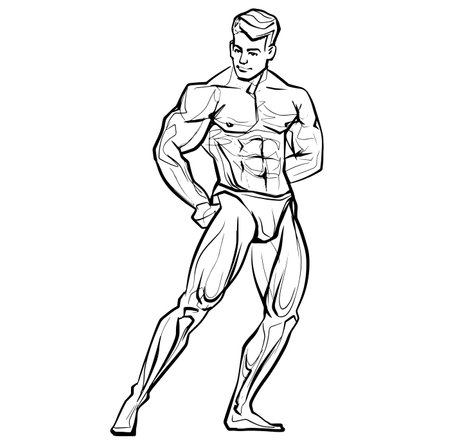 bodybuilder muscle man fitness posing Black And White Isolated Hand Drawing Vector Illustration Imageのイラスト素材
