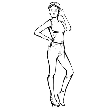 Hand drawn fashion woman posing. fashion lady. sketch. Fashion model posing in dress.のイラスト素材