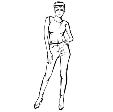 Hand drawn fashion woman posing. fashion lady. sketch. Fashion model posing in dress.のイラスト素材