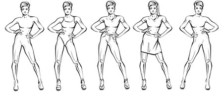 Hand drawn fashion woman posing. fashion lady. sketch. Fashion model posing in dress.のイラスト素材