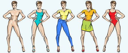Hand drawn fashion woman posing. fashion lady. sketch. Fashion model posing in dress.のイラスト素材