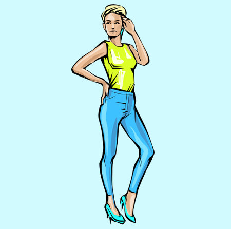 Hand drawn fashion woman posing. fashion lady. sketch. Fashion model posing in dress.のイラスト素材