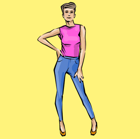 Hand drawn fashion woman posing. fashion lady. sketch. Fashion model posing in dress.のイラスト素材