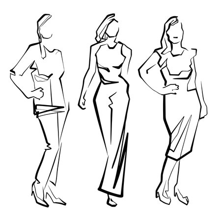 fashion models. Line Drawing Illustration of Young Womanのイラスト素材