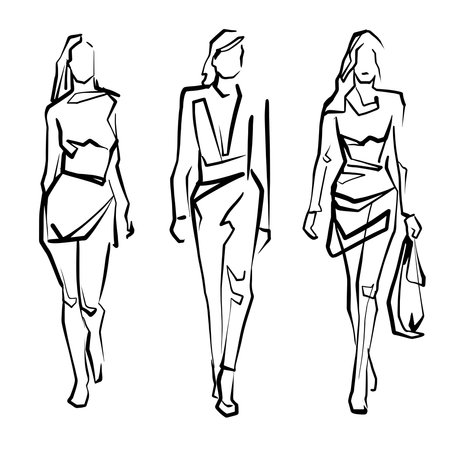 fashion models. Line Drawing Illustration of Young Womanのイラスト素材